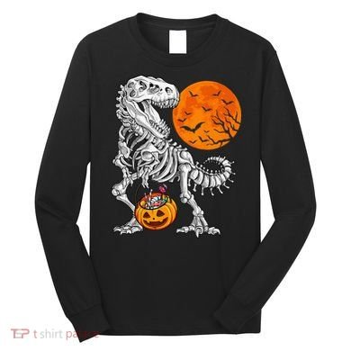 Halloween Dinosaur Skeleton T rex Scary Pumpkin Moon Long Sleeve Shirt