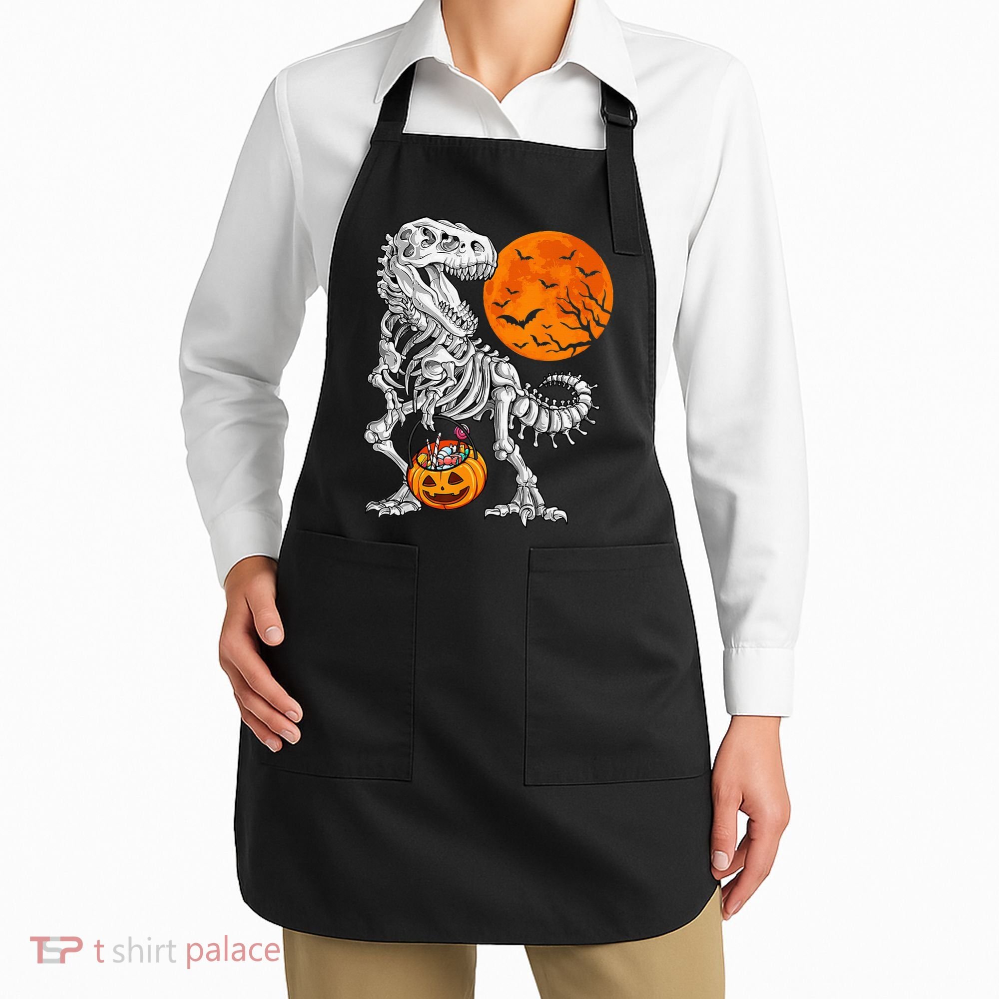 Halloween Dinosaur Skeleton T rex Scary Pumpkin Moon Apron
