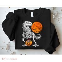 Halloween Dinosaur Skeleton T rex Scary Pumpkin Moon Sweatshirt thumb 2
