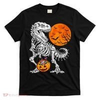 Halloween Dinosaur Skeleton T rex Scary Pumpkin Moon T-Shirt thumb 0