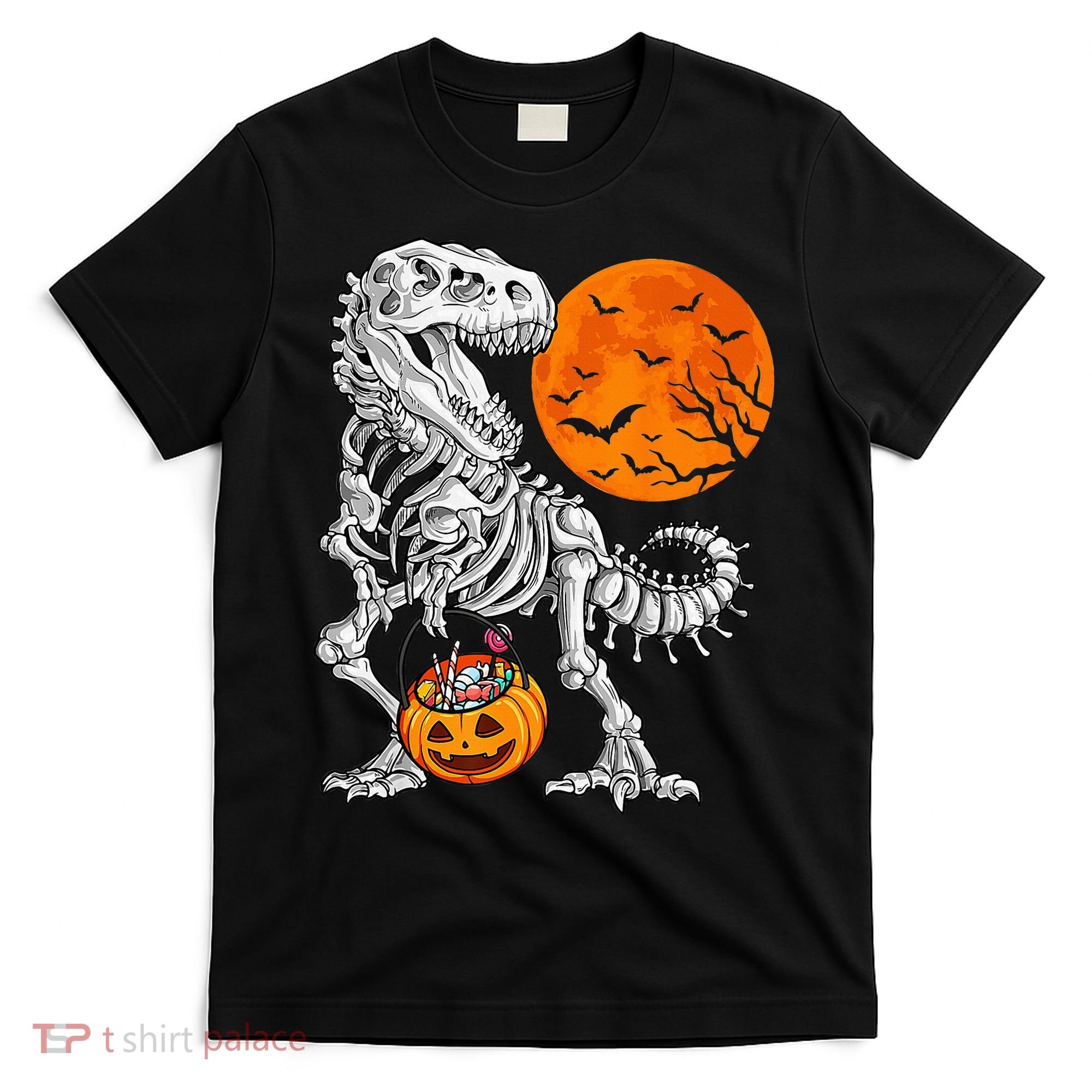 Halloween Dinosaur Skeleton T rex Scary Pumpkin Moon T-Shirt