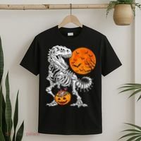 Halloween Dinosaur Skeleton T rex Scary Pumpkin Moon T-Shirt thumb 2
