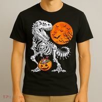Halloween Dinosaur Skeleton T rex Scary Pumpkin Moon T-Shirt thumb 3