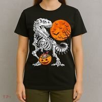 Halloween Dinosaur Skeleton T rex Scary Pumpkin Moon T-Shirt thumb 4