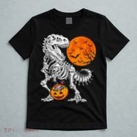 Halloween Dinosaur Skeleton T rex Scary Pumpkin Moon T-Shirt thumb 5