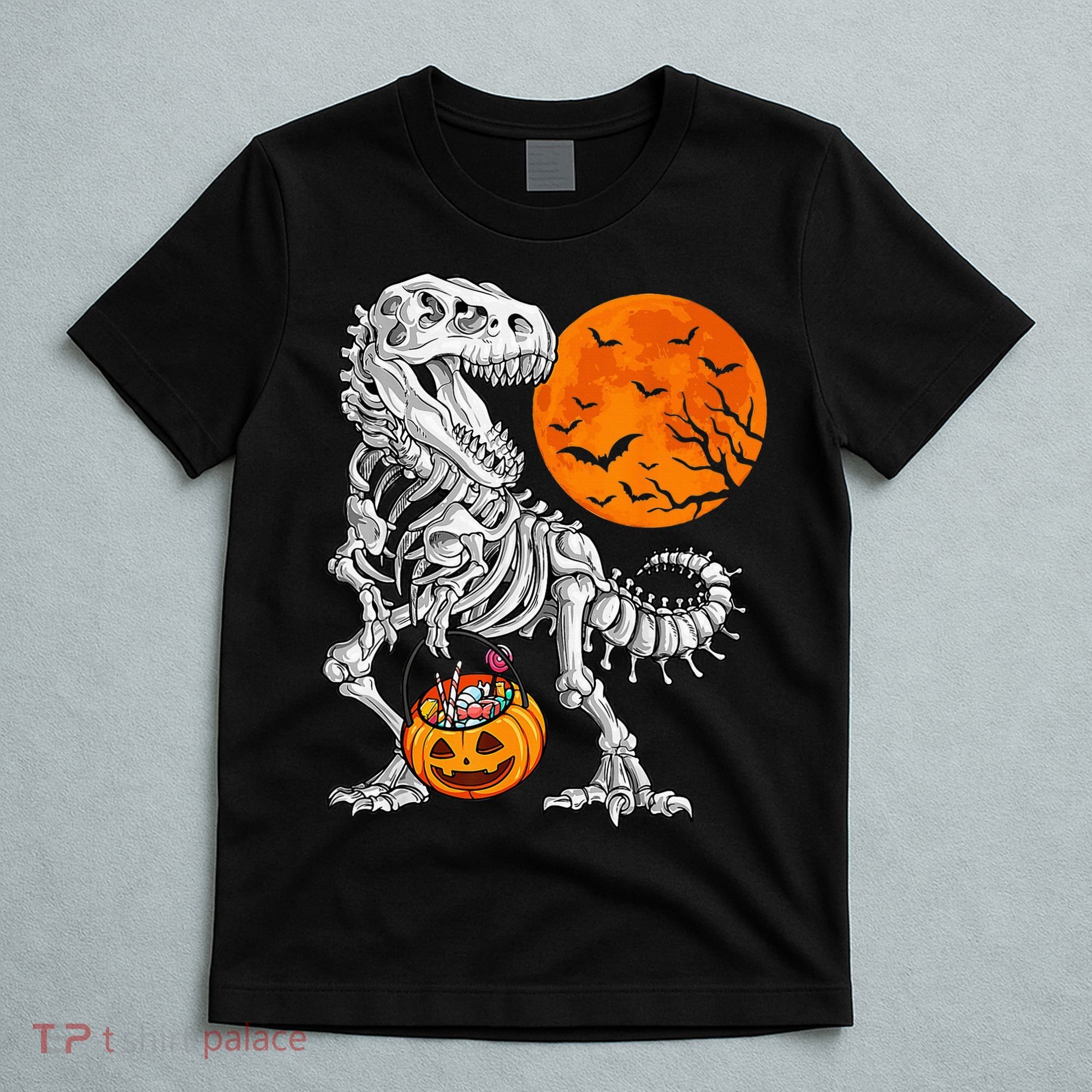 Halloween Dinosaur Skeleton T rex Scary Pumpkin Moon T-Shirt