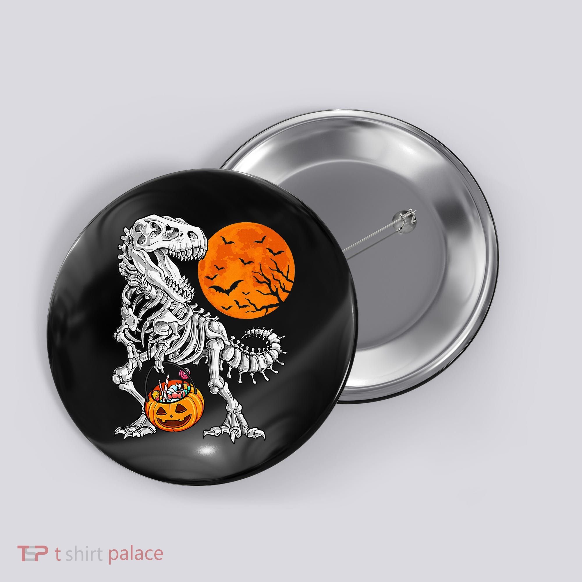 Halloween Dinosaur Skeleton T rex Scary Pumpkin Moon Button