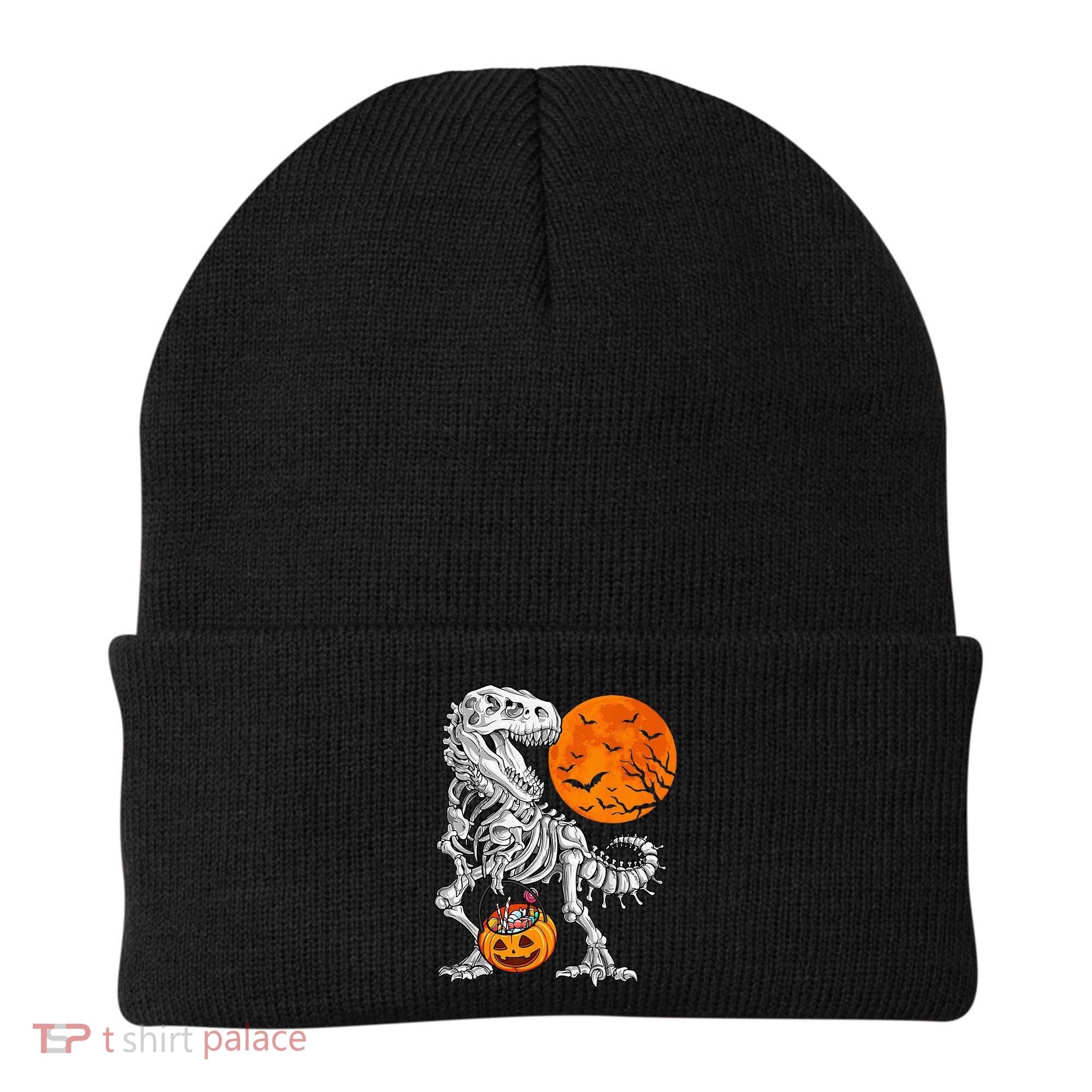 Halloween Dinosaur Skeleton T rex Scary Pumpkin Moon Beanie