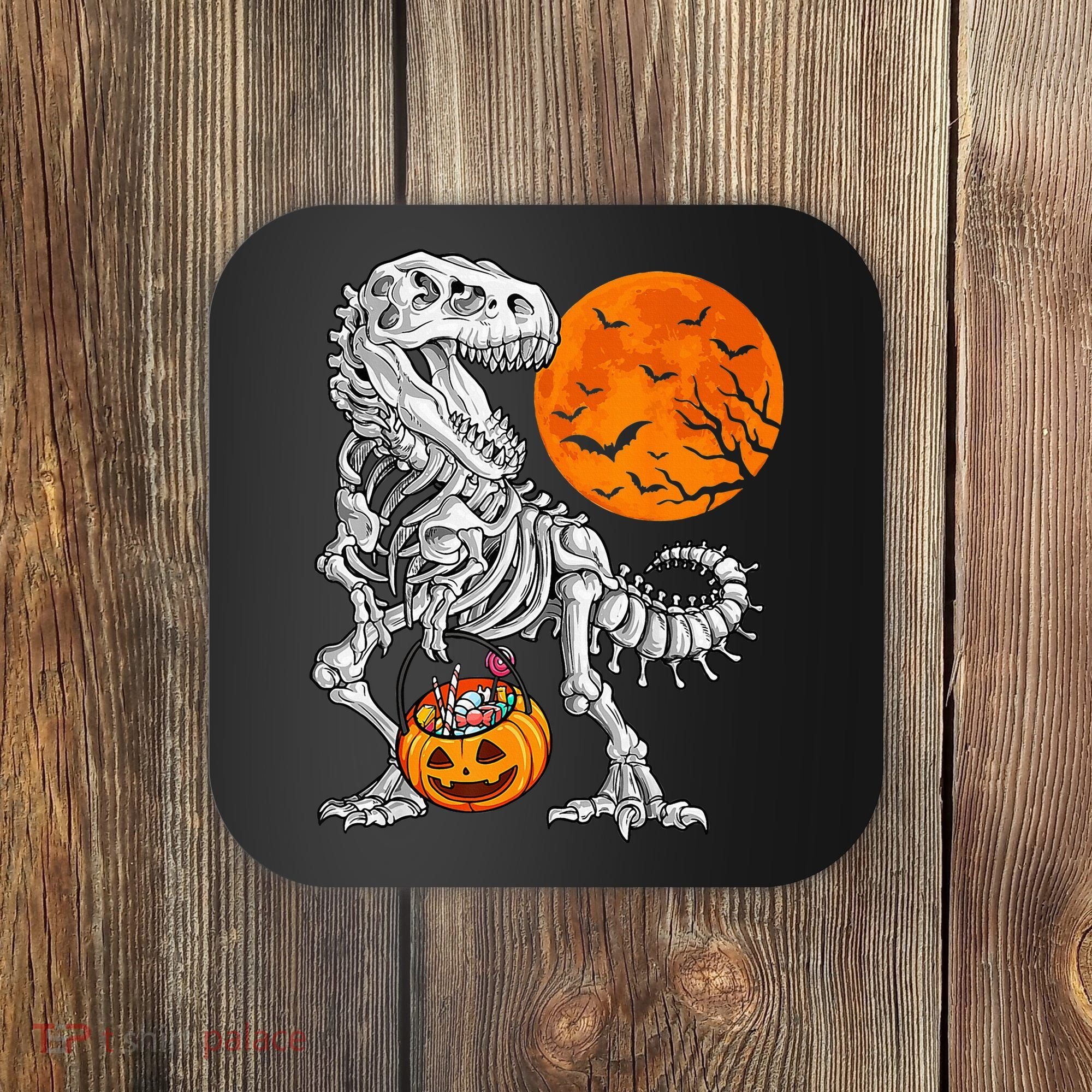 Halloween Dinosaur Skeleton T rex Scary Pumpkin Moon Coaster