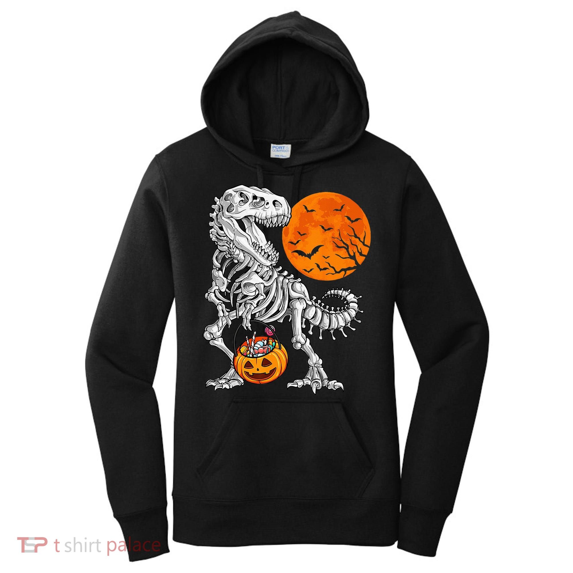 Halloween Dinosaur Skeleton T rex Scary Pumpkin Moon Women's Hoodie