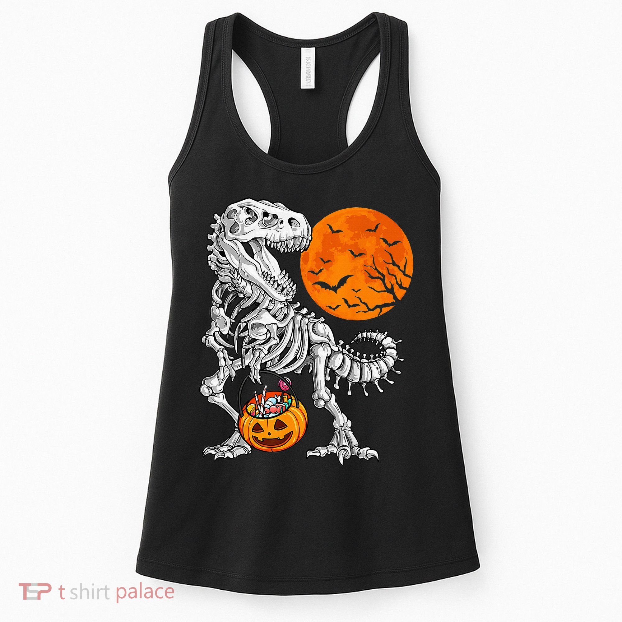 Halloween Dinosaur Skeleton T rex Scary Pumpkin Moon Women's Tank Top