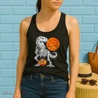 Halloween Dinosaur Skeleton T rex Scary Pumpkin Moon Women's Tank Top thumb 2