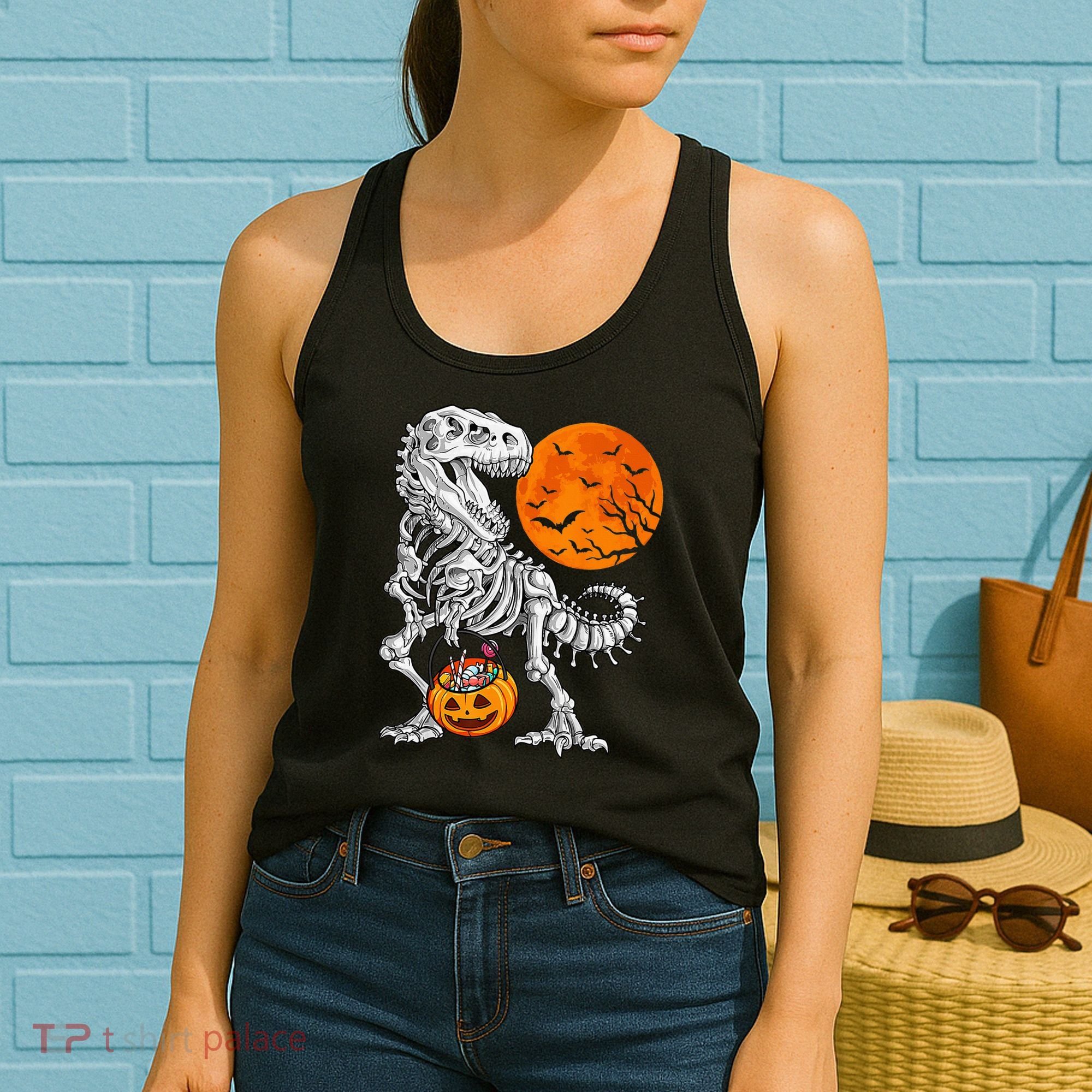 Halloween Dinosaur Skeleton T rex Scary Pumpkin Moon Women's Tank Top