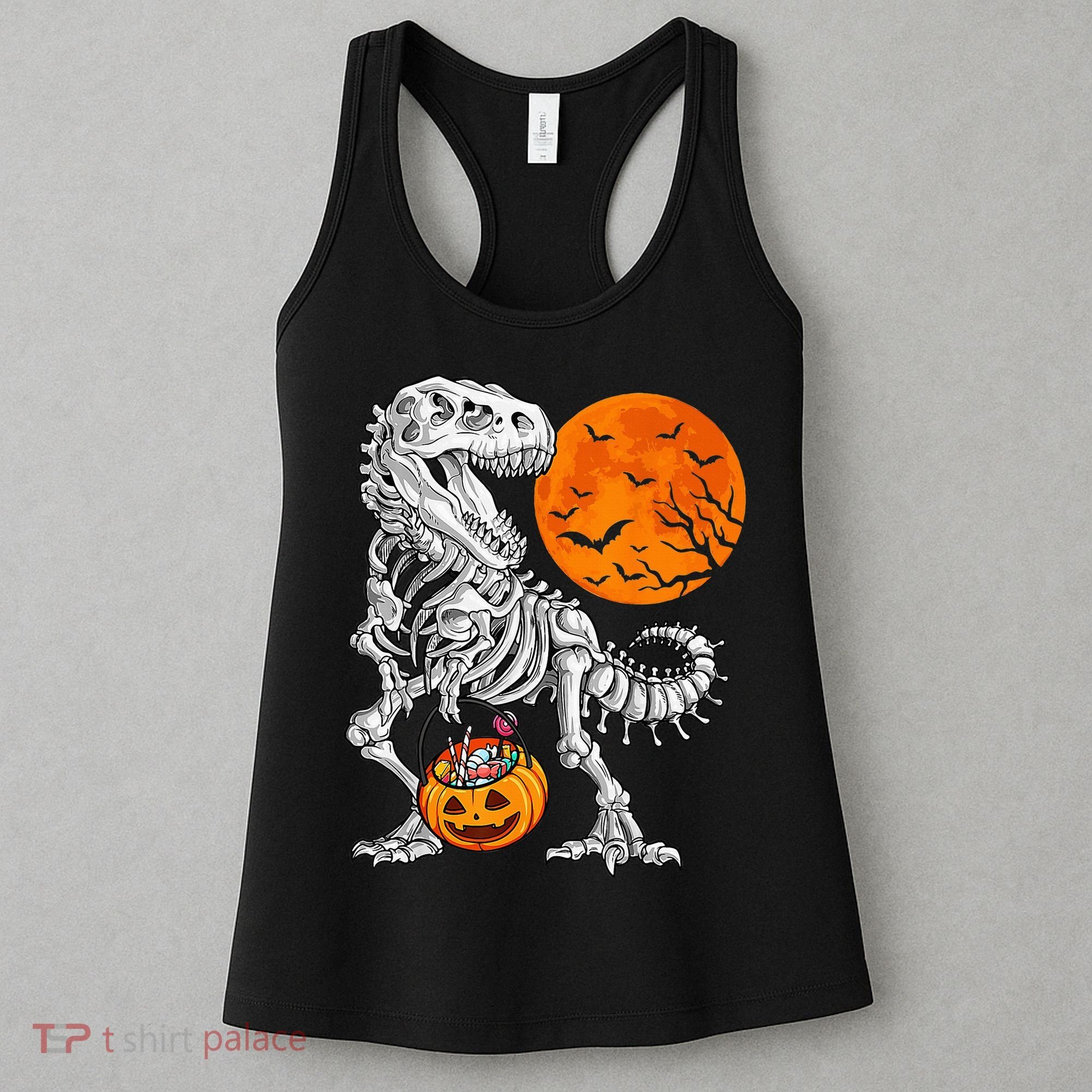 Halloween Dinosaur Skeleton T rex Scary Pumpkin Moon Women's Tank Top