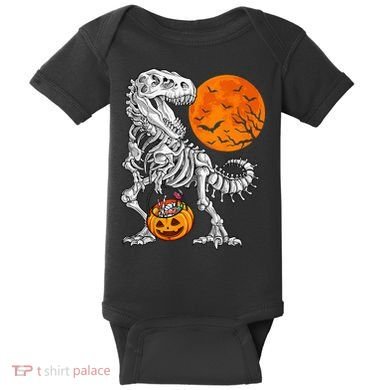 Halloween Dinosaur Skeleton T rex Scary Pumpkin Moon Baby Bodysuit