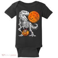 Halloween Dinosaur Skeleton T rex Scary Pumpkin Moon Baby Bodysuit thumb 0