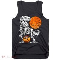 Halloween Dinosaur Skeleton T rex Scary Pumpkin Moon Tank Top thumb 0