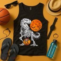 Halloween Dinosaur Skeleton T rex Scary Pumpkin Moon Tank Top thumb 4