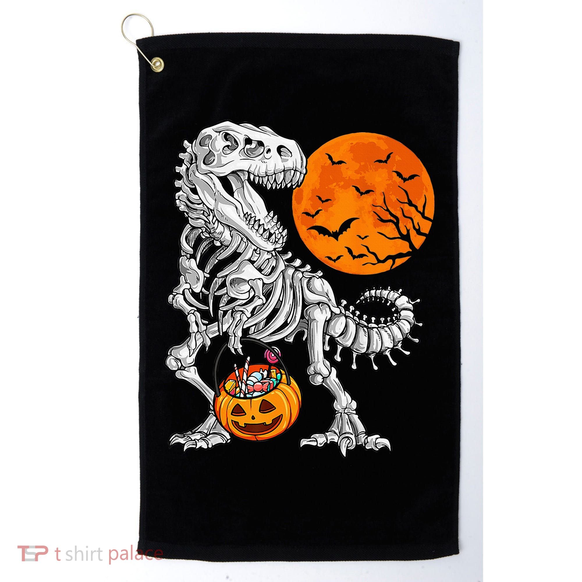 Halloween Dinosaur Skeleton T rex Scary Pumpkin Moon Golf Towel