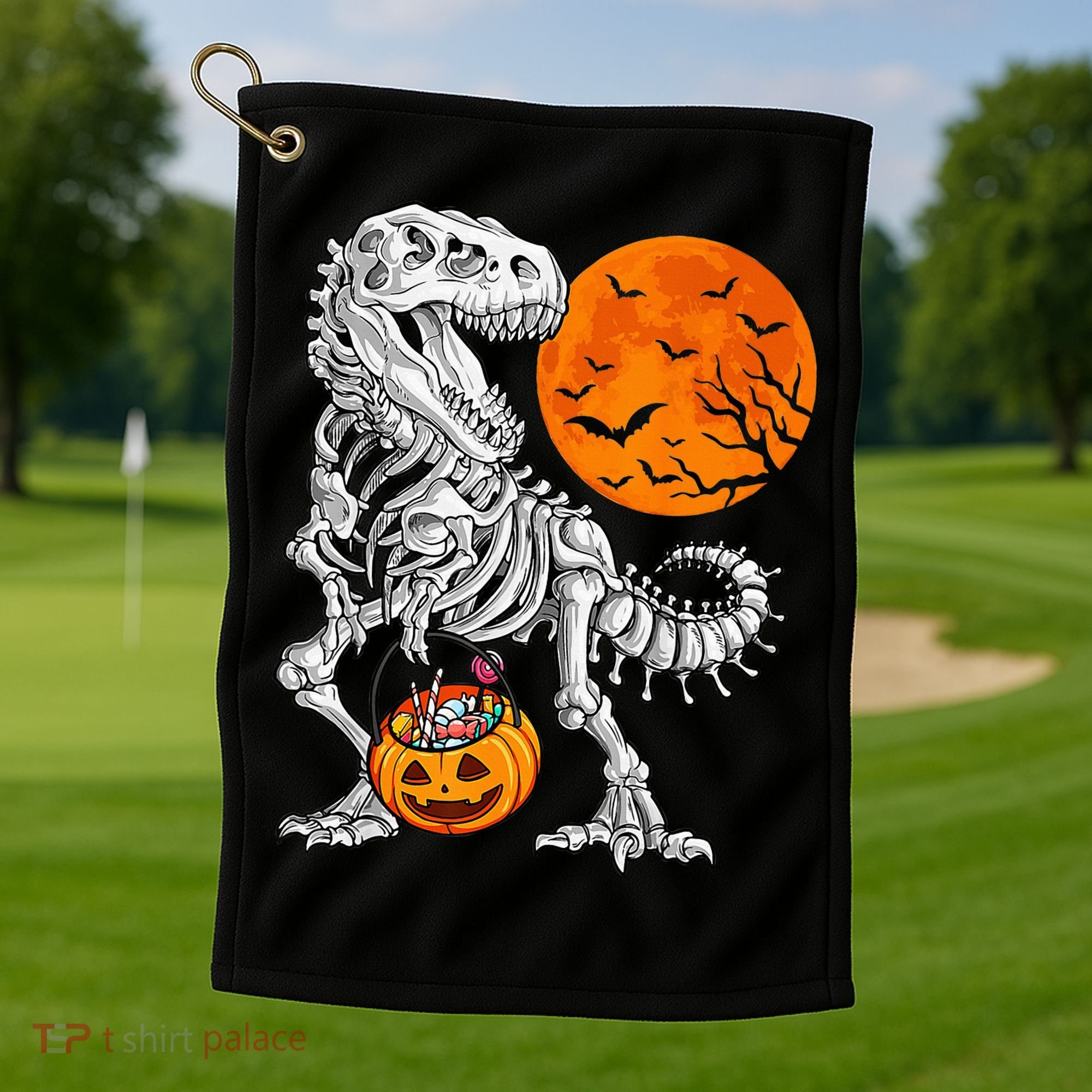 Halloween Dinosaur Skeleton T rex Scary Pumpkin Moon Golf Towel