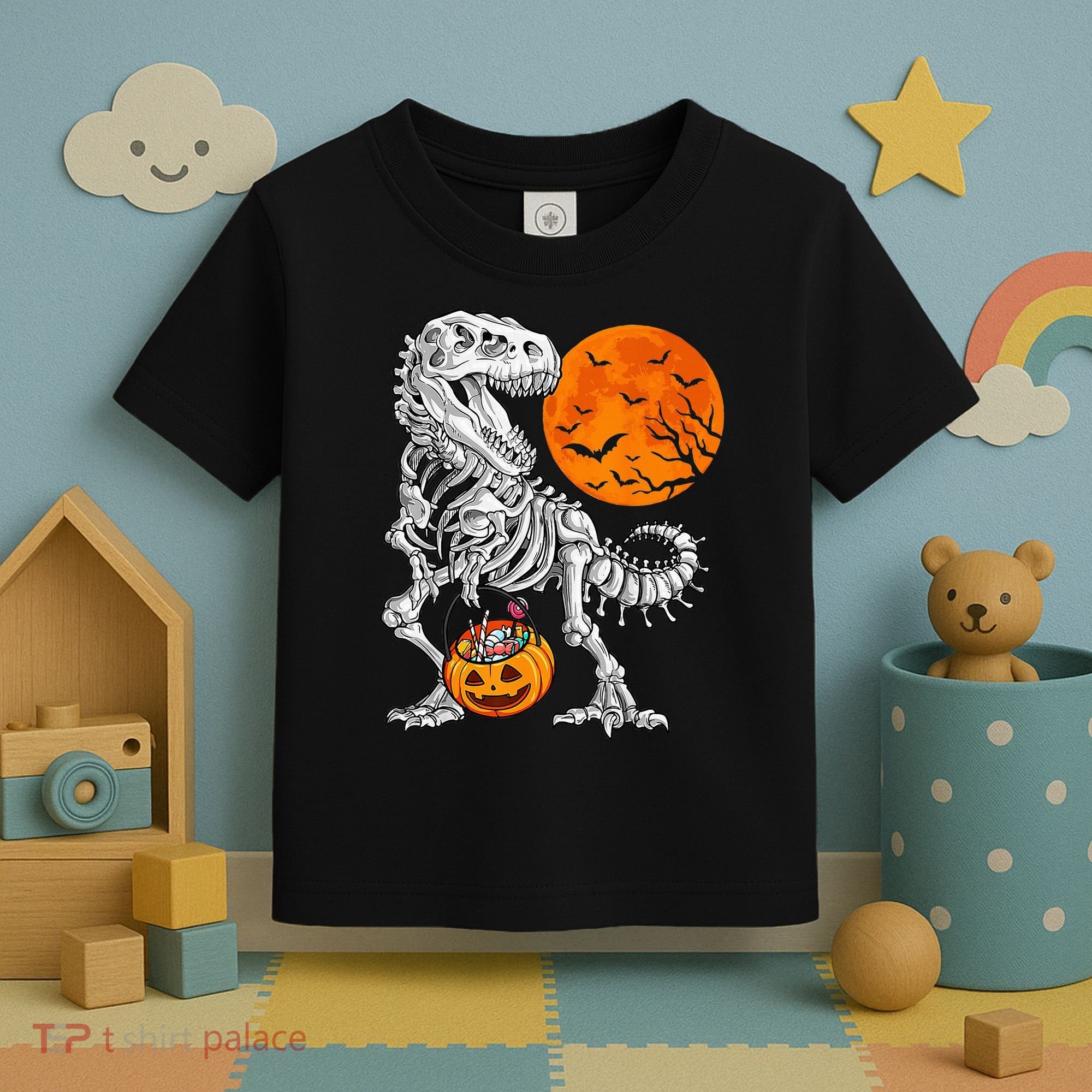 Halloween Dinosaur Skeleton T rex Scary Pumpkin Moon Toddler T-Shirt