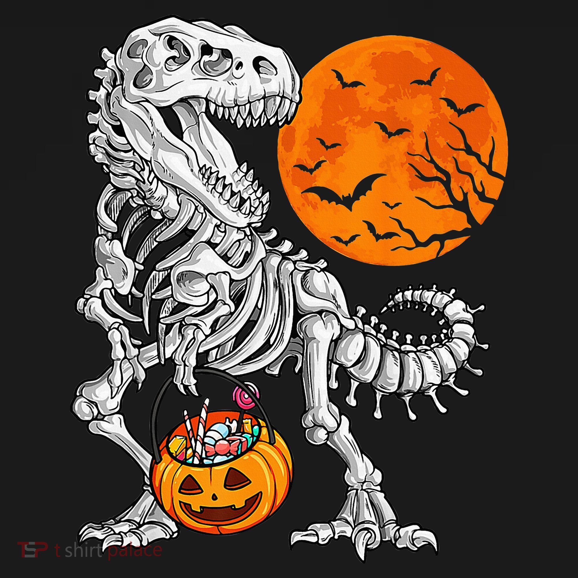 Halloween Dinosaur Skeleton T rex Scary Pumpkin Moon Toddler T-Shirt