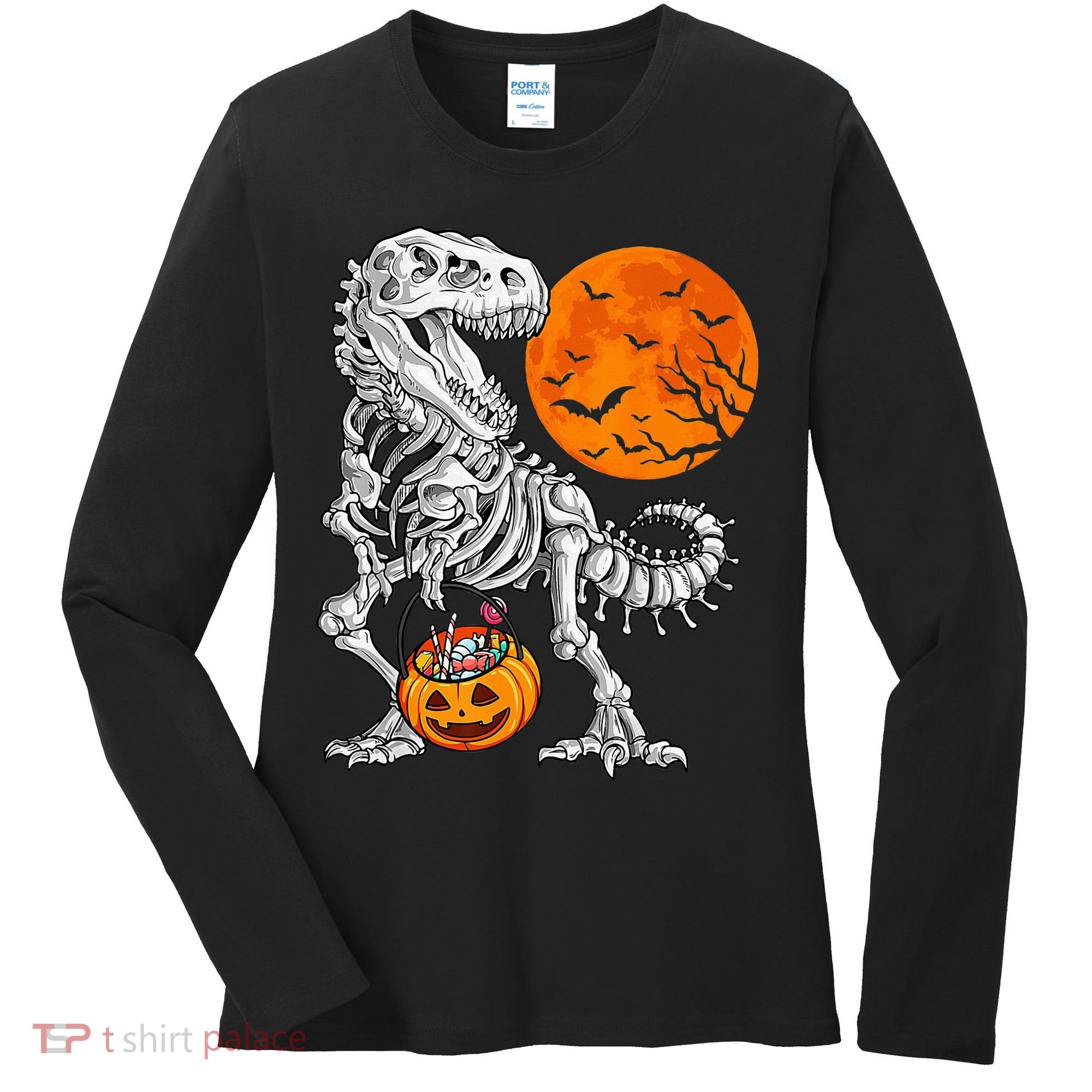 Halloween Dinosaur Skeleton T rex Scary Pumpkin Moon Women's Long Sleeve Shirt