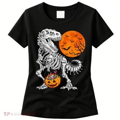 Halloween Dinosaur Skeleton T rex Scary Pumpkin Moon Women's T-Shirt