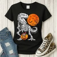 Halloween Dinosaur Skeleton T rex Scary Pumpkin Moon Women's T-Shirt thumb 3