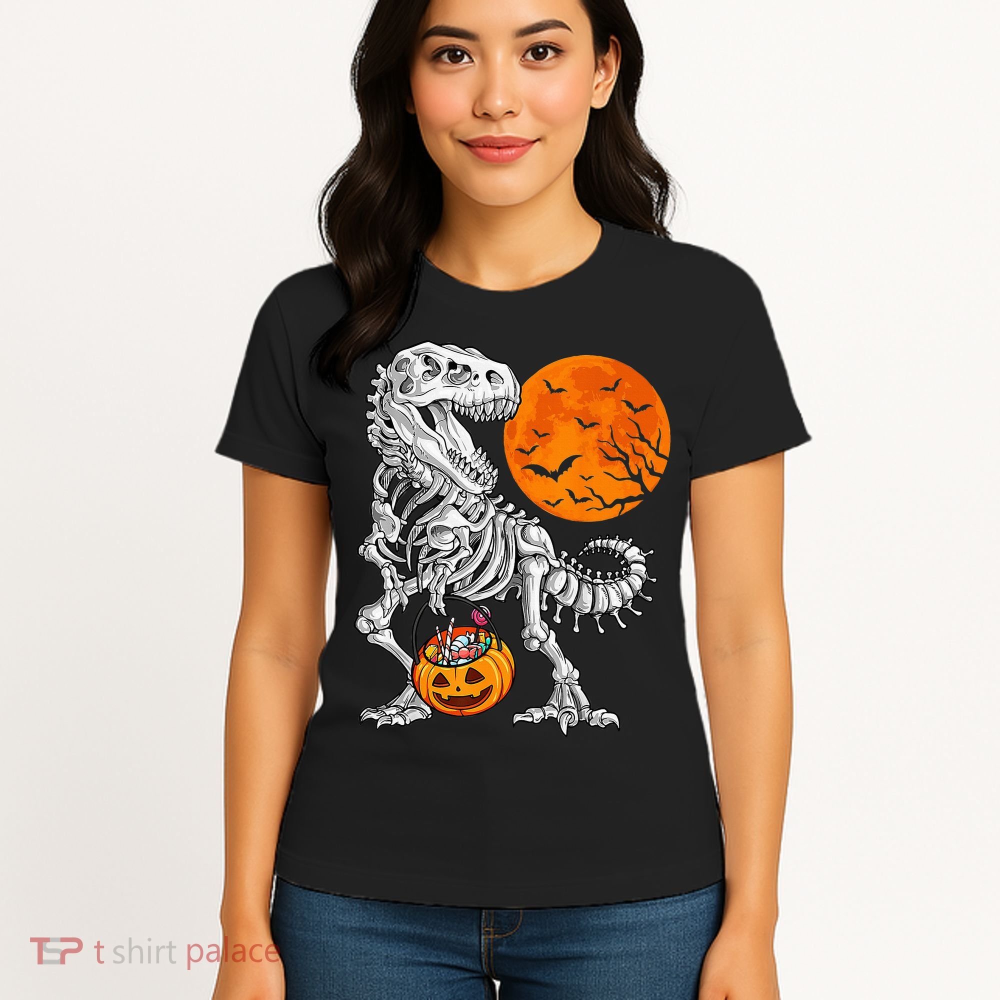 Halloween Dinosaur Skeleton T rex Scary Pumpkin Moon Women's T-Shirt