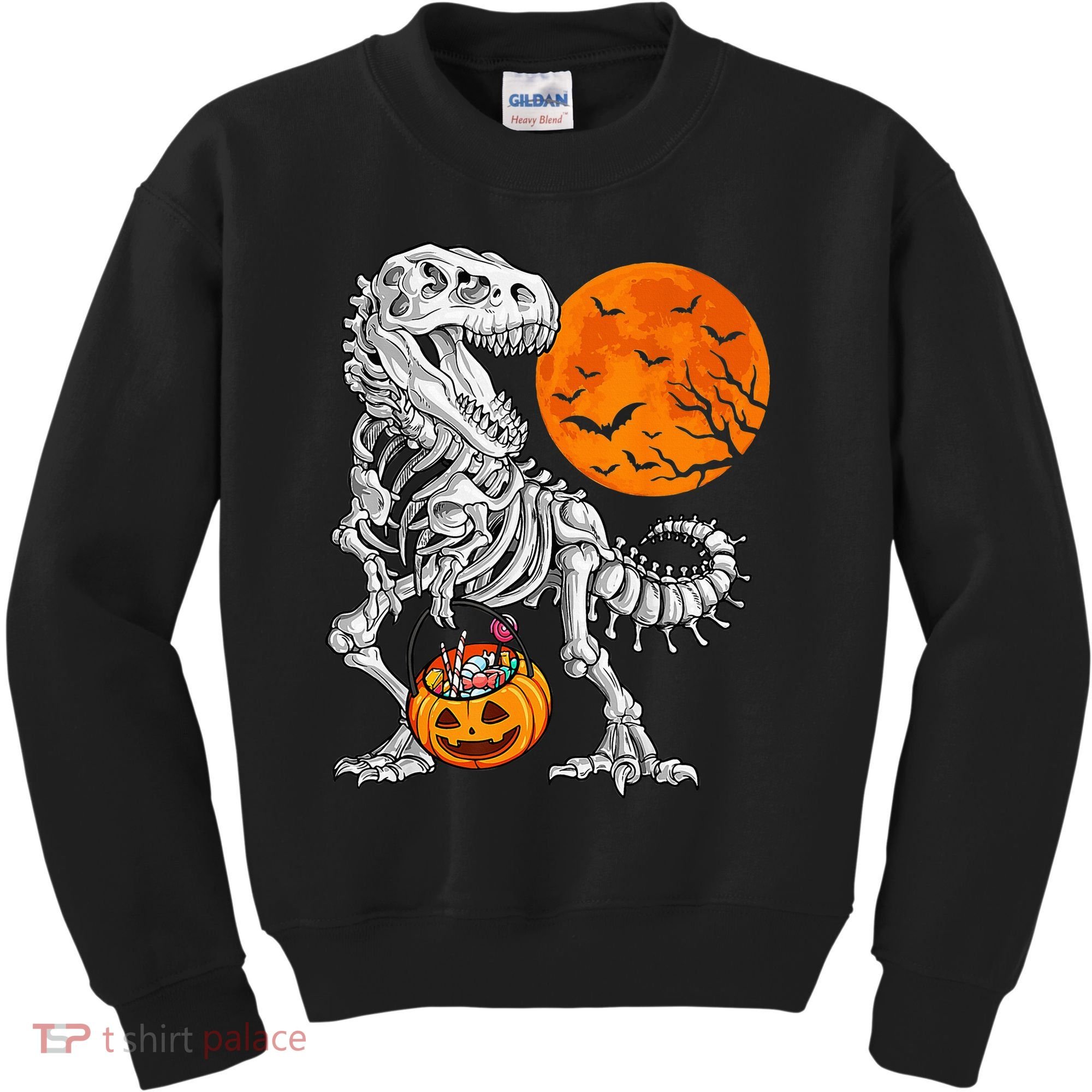 Halloween Dinosaur Skeleton T rex Scary Pumpkin Moon Kids Sweatshirt