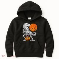 Halloween Dinosaur Skeleton T rex Scary Pumpkin Moon Kids Hoodie thumb 0