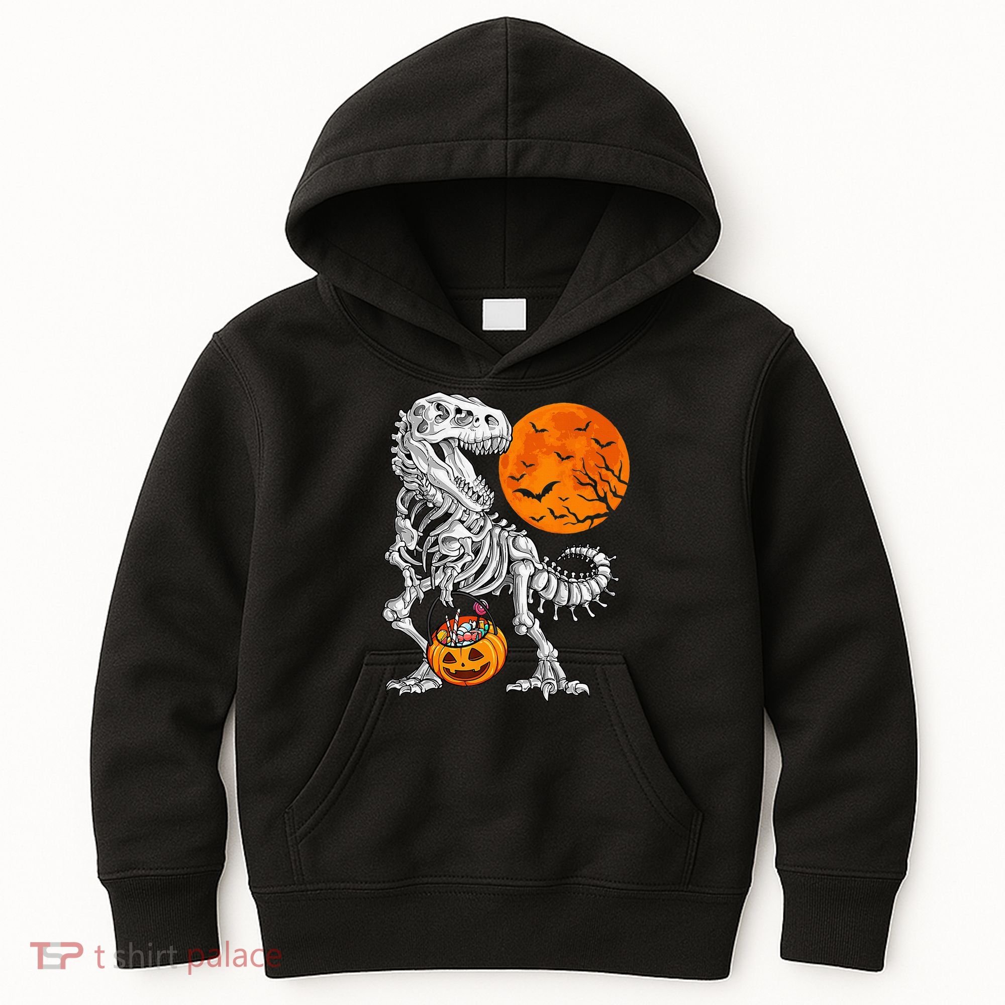 Halloween Dinosaur Skeleton T rex Scary Pumpkin Moon Kids Hoodie