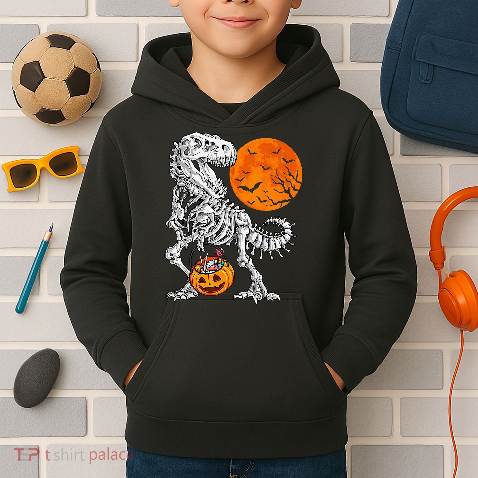 Halloween Dinosaur Skeleton T rex Scary Pumpkin Moon Kids Hoodie