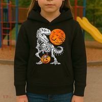 Halloween Dinosaur Skeleton T rex Scary Pumpkin Moon Kids Hoodie thumb 3