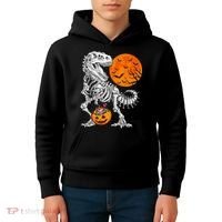 Halloween Dinosaur Skeleton T rex Scary Pumpkin Moon Kids Hoodie thumb 4