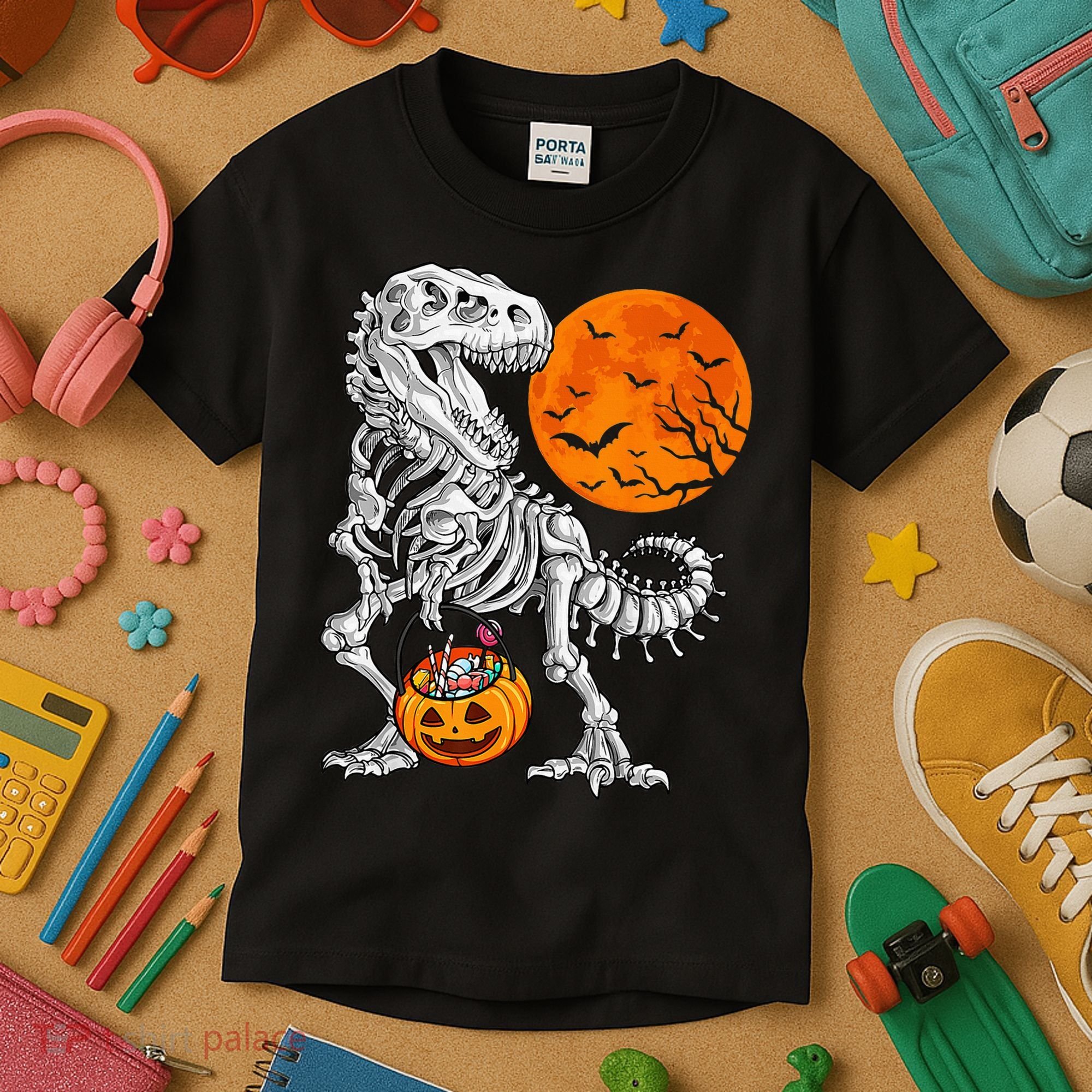 Halloween Dinosaur Skeleton T rex Scary Pumpkin Moon Kids T-Shirt
