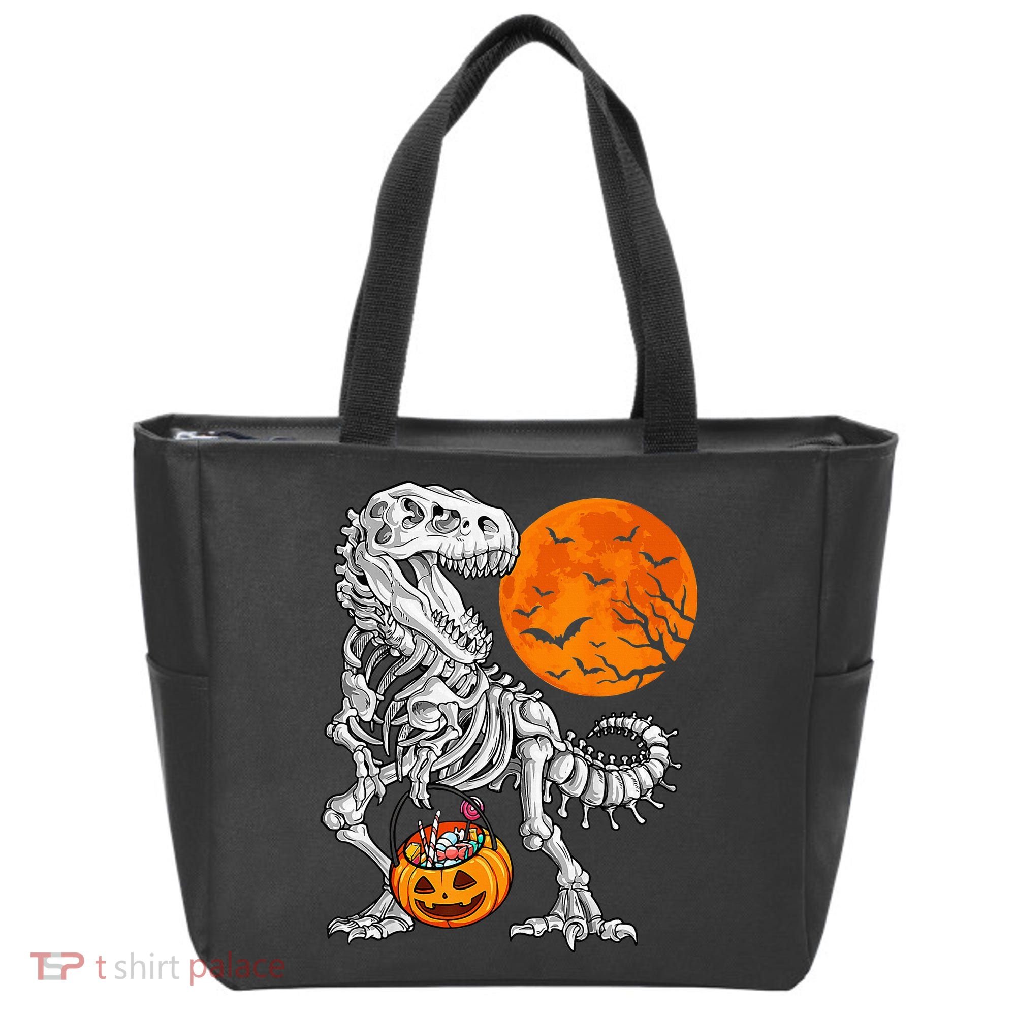 Halloween Dinosaur Skeleton T rex Scary Pumpkin Moon Tote Bag