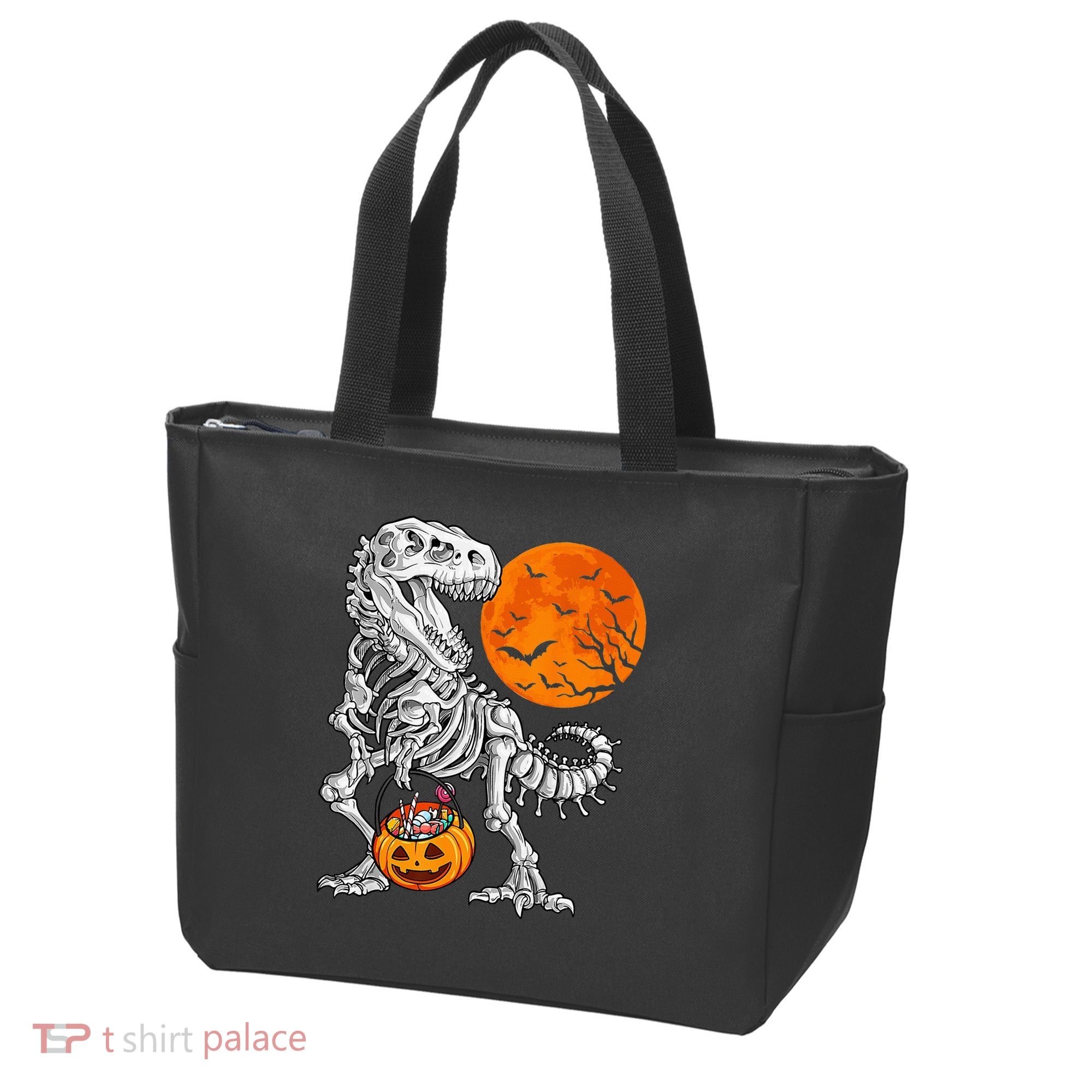 Halloween Dinosaur Skeleton T rex Scary Pumpkin Moon Tote Bag