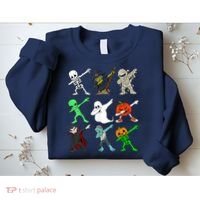 Halloween Dabbing Skeleton Witch And Monsters Sweatshirt thumb 2