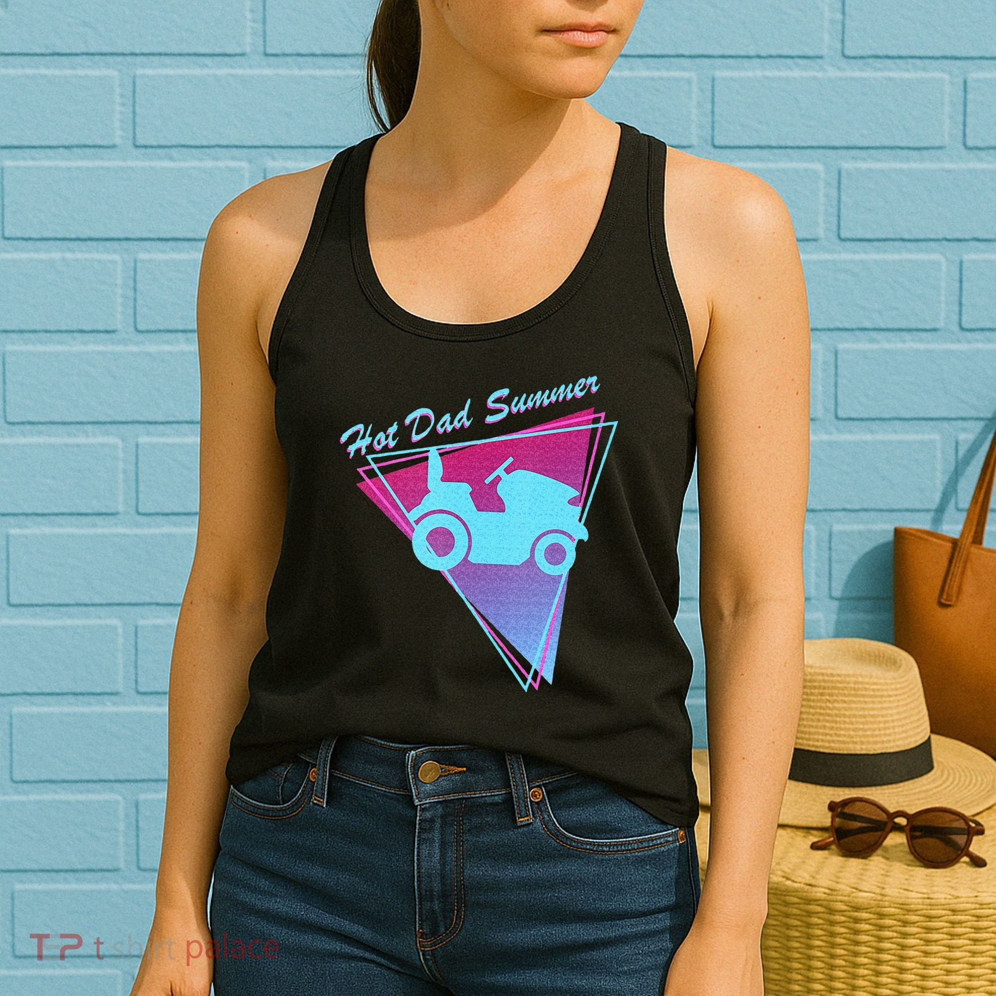 Hot Dad Summer Funny 80s Retro Riding Lawn Mower Women's Tank Top
