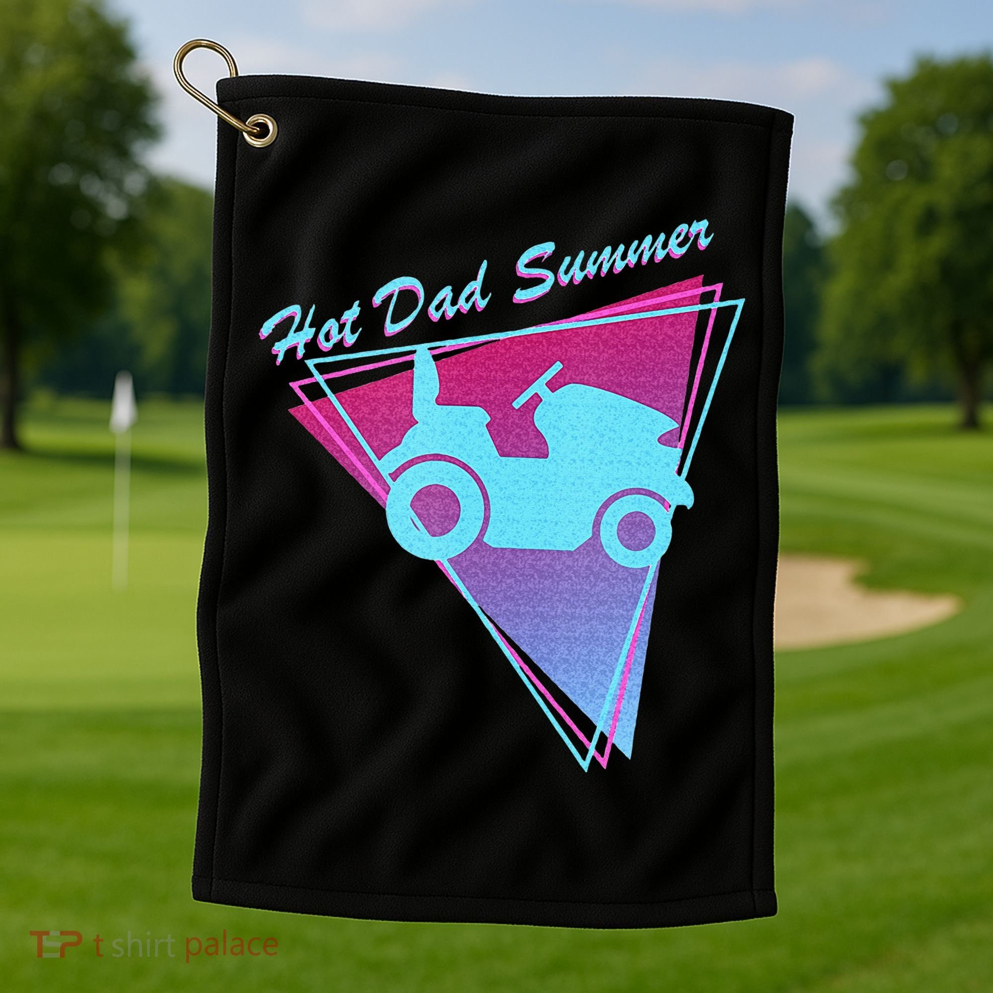 Hot Dad Summer Funny 80s Retro Riding Lawn Mower Golf Towel