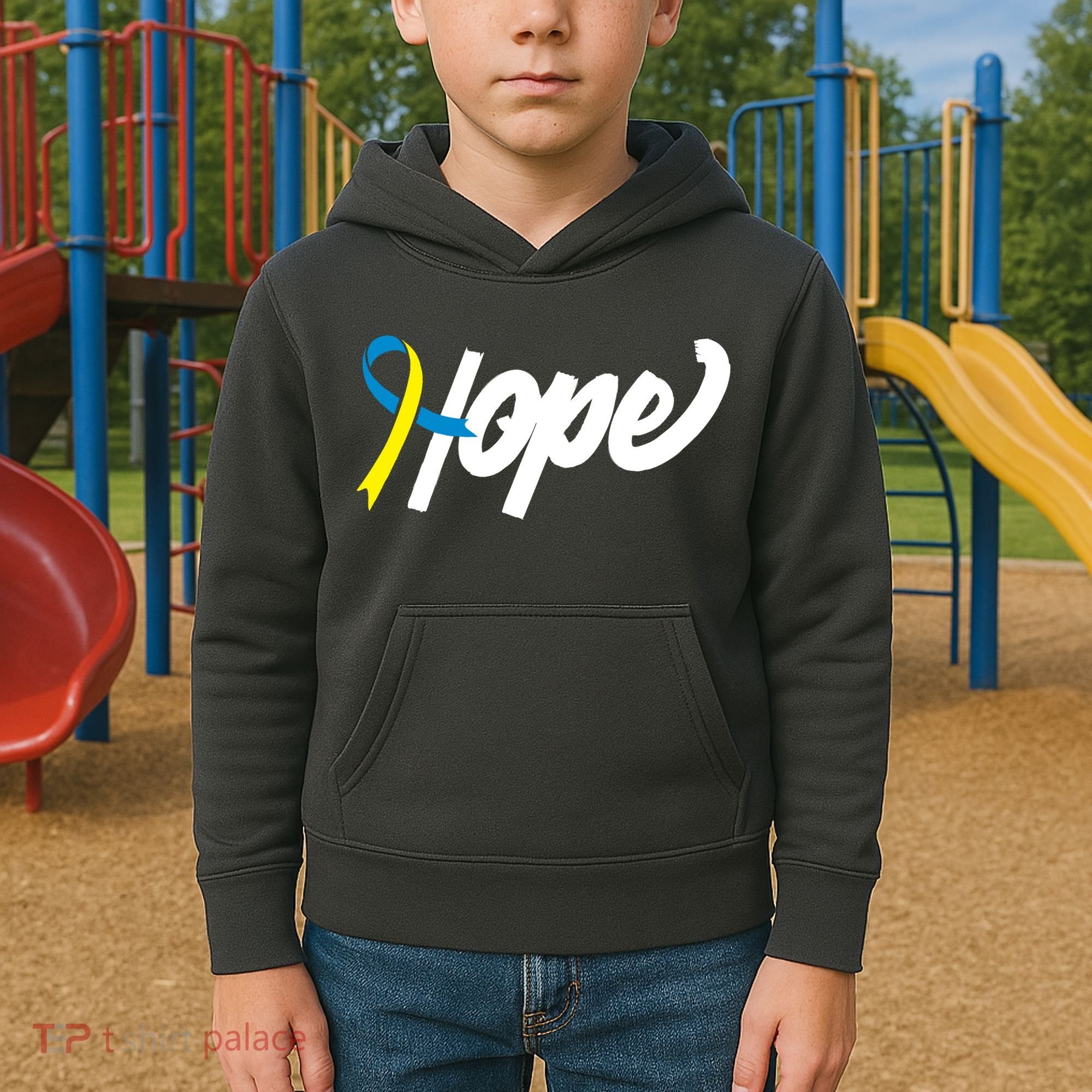 Hope Down Syndrome Awareness Ribbon Kids Hoodie