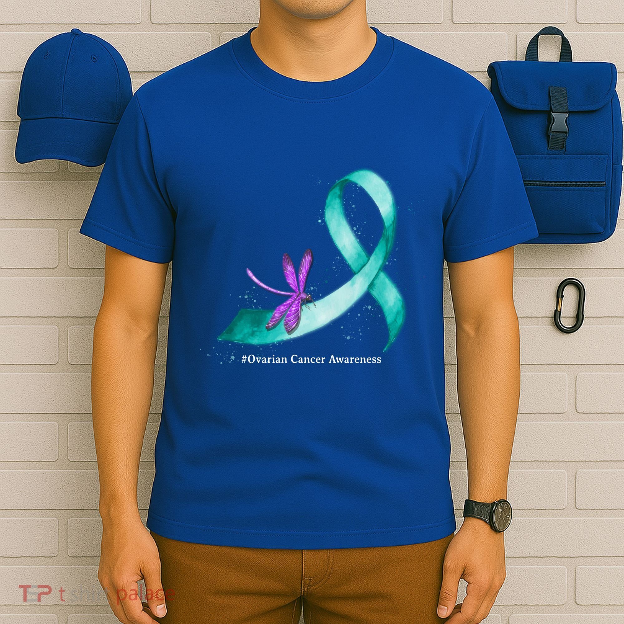 Hippie Dragonfly Teal Ribbon Ovarian Cancer Awareness Cute Gift T-Shirt