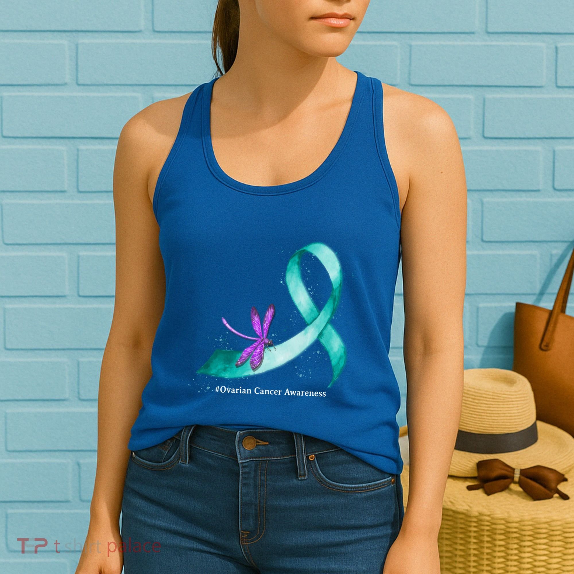 Hippie Dragonfly Teal Ribbon Ovarian Cancer Awareness Cute Gift Women's Tank Top