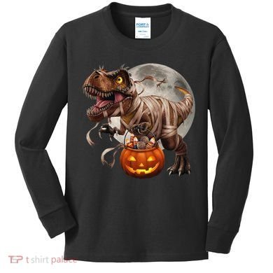 Halloween Dinosaur T Rex Pumpkin Kids Long Sleeve Shirt