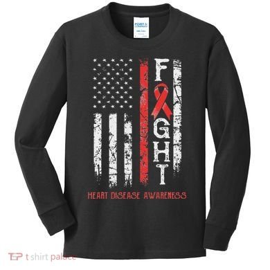 Heart Disease Warrior Us Flag Kids Long Sleeve Shirt