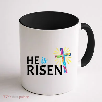He Is Risen Colorful Cross Coffee Mug back