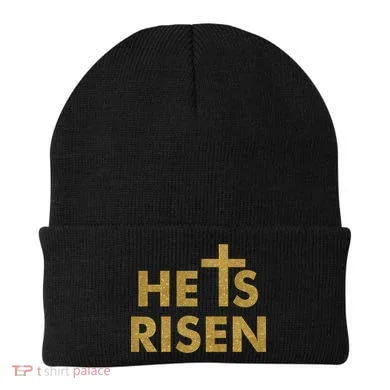 He Is Risen Jesus Savior Easter Gold Glitter Print Beanie