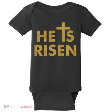He Is Risen Jesus Savior Easter Gold Glitter Print Baby Bodysuit